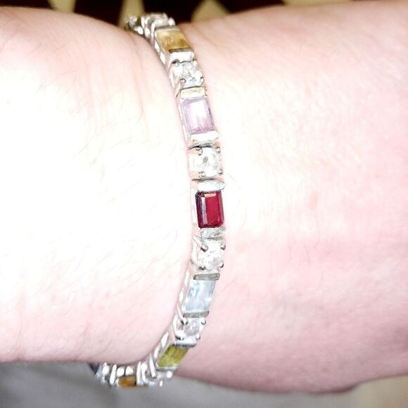 Sterling silver 7" multicolored stone tennis brace - Picture 1 of 6